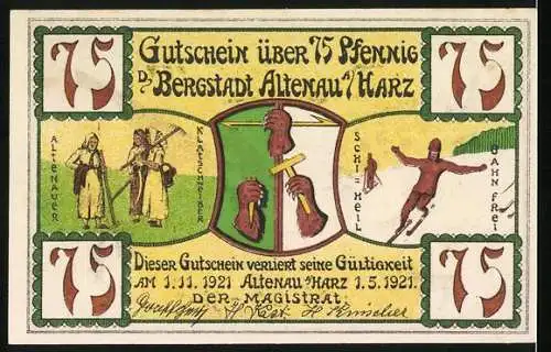 Notgeld Altenau a. Harz 1921, 75 Pfennig, Ortspartie mit Skifahrer im Winter