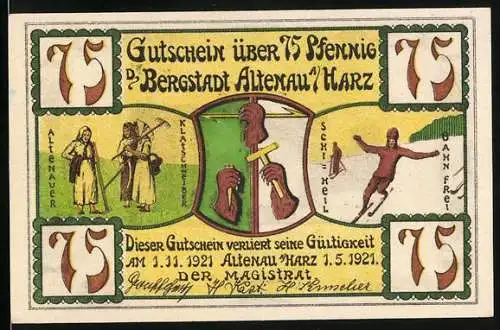 Notgeld Altenau a. Harz 1921, 75 Pfennig, Klatschweiber, Skifahrer