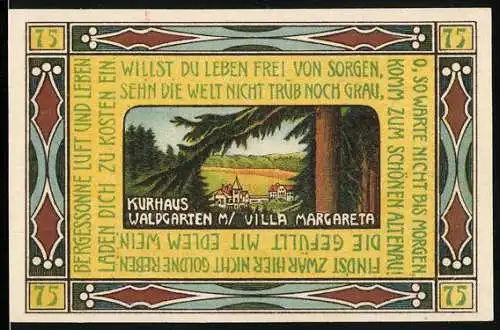 Notgeld Altenau a. Harz 1921, 75 Pfennig, Kurhaus Waldgarten mit Villa Margareta