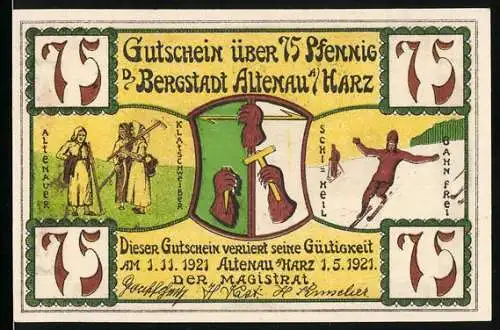 Notgeld Altenau a. Harz 1921, 75 Pfennig, Klatschweiber, Skifahrer