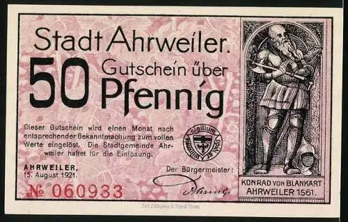 Notgeld Ahrweiler 1921, 50 Pfennig, Reiter am Tor