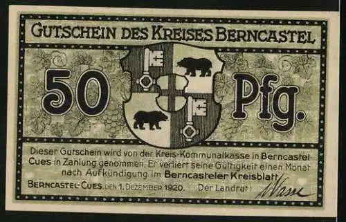 Notgeld Berncastel-Cues 1920, 50 Pfennig, Burg Landshut-Mosel