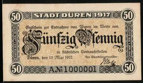 Notgeld Düren 1917, 50 Pfennig, Gutschein