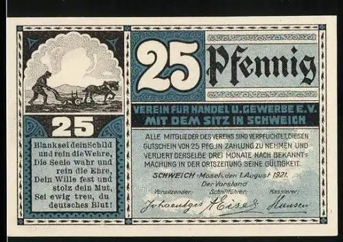 Notgeld Schweich /Mosel 1921, 25 Pfennig, Bauer mit Pflug