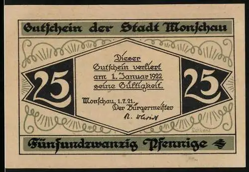 Notgeld Monschau 1921, 25 Pfennig, Ortspartie