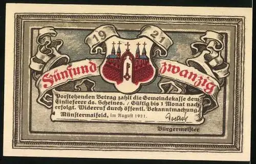 Notgeld Münstermaifeld 1921, 25 Pfennig, Ruine Pyrmont mit Ritter