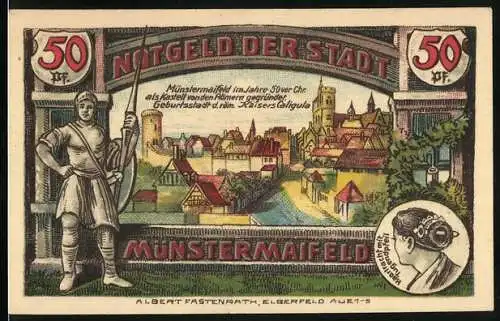 Notgeld Münstermaifeld 1921, 50 Pfennig, Teilansicht im Jahre 50 vor Chr. und Ritter