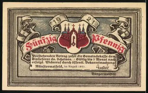 Notgeld Münstermaifeld 1921, 50 Pfennig, Teilansicht im Jahre 50 vor Chr. und Ritter