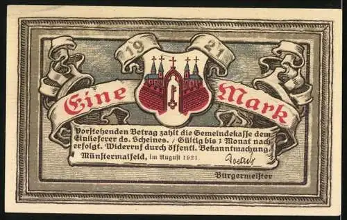 Notgeld Münstermaifeld 1921, 1 Mark, Burg Eltz mit Ritter