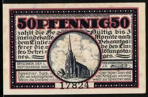 Notgeld Speicher /Eifel 1920, 50 Pfennig, Kirche, Pastor München 1817-1858