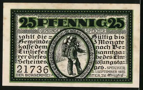 Notgeld Speicher /Eifel 1920, 25 Pfennig, Händler mit Krügen