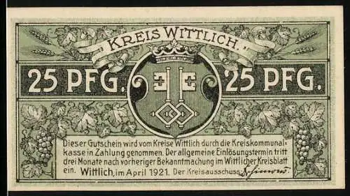 Notgeld Wittlich 1921, 25 Pfennig, Eberhards-Clausen vor 400 Jahren, Wappen