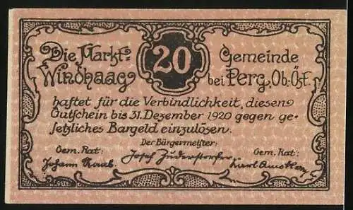 Notgeld Windhaag bei Perg 1920, 20 Heller, Ortsansicht mit Ruine