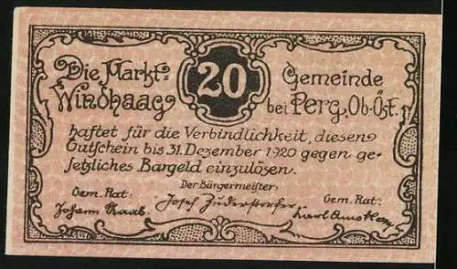 Notgeld Windhaag bei Perg 1920, 20 Heller, Ortsansicht und Ruine