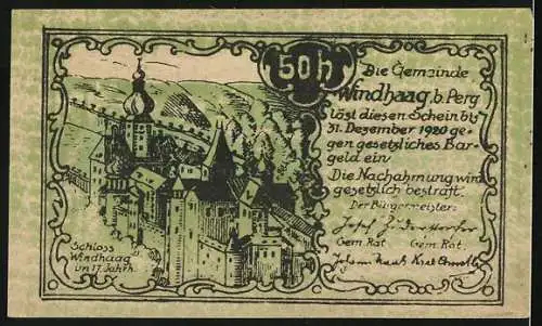 Notgeld Windhaag bei Perg 1920, 50 Heller, Schloss Windhaag im 17. Jahrh.