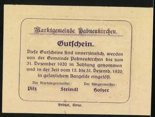 Notgeld Pabneukirchen 1920, 10 Heller, Klingenberg 1674 und 1920