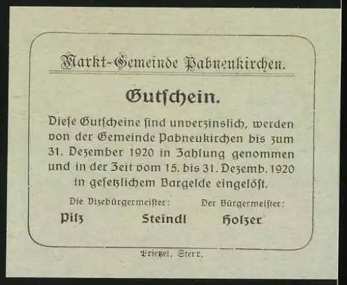 Notgeld Pabneukirchen 1920, 20 Heller, Ortsansicht von Osten