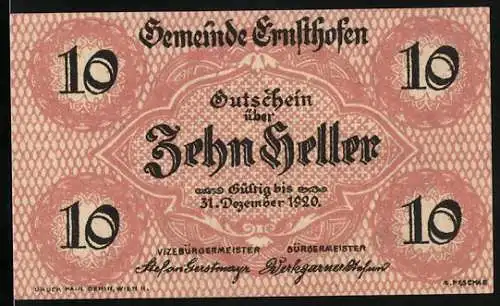Notgeld Ernsthofen 1920, 10 Heller, Wappen und Kirche