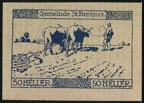 Notgeld St. Pankraz 1920, 50 Heller, Bauer mit Pflug und Ochsen