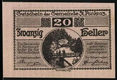 Notgeld St. Pankraz 1920, 20 Heller, Ortsansicht und Brücke
