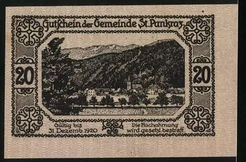 Notgeld St. Pankraz 1920, 20 Heller, Ortsansicht und Brücke