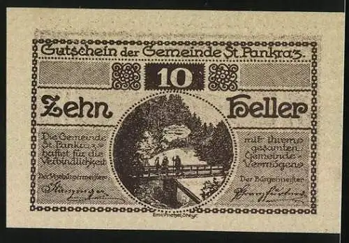 Notgeld St. Pankraz 1920, 10 Heller, Brücke und Ortsansicht