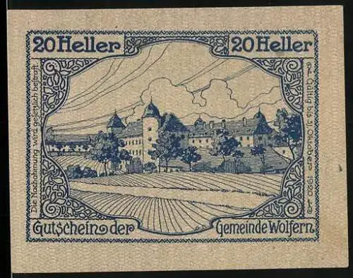 Notgeld Wolfern 1920, 20 Heller, Ortsansicht mit Feldern