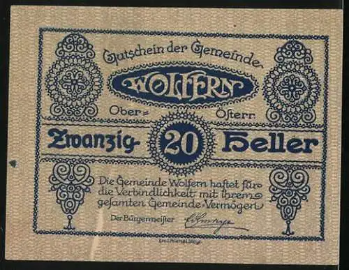 Notgeld Wolfern 1920, 20 Heller, Ortsansicht mit Feldern