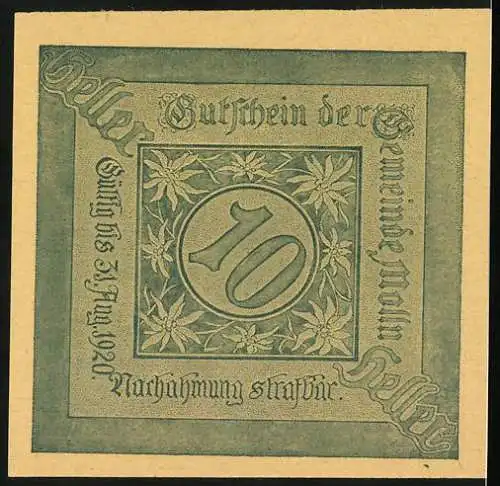 Notgeld Molln 1920, 10 Heller, Ortsansicht mit Kirche