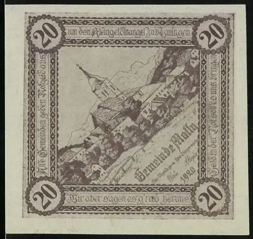 Notgeld Molln 1920, 20 Heller, Ortsansicht mit Kirche, Edelweiss