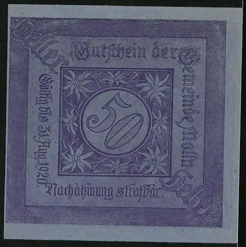 Notgeld Molln 1920, 50 Heller, Ortsansicht mit Kirche