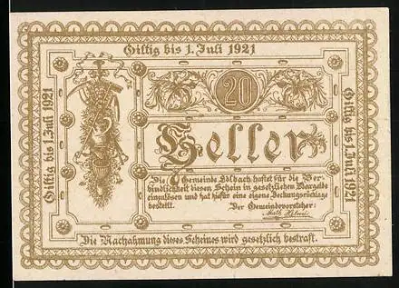 Notgeld Edlbach 1921, 20 Heller, Wappen und Gedicht