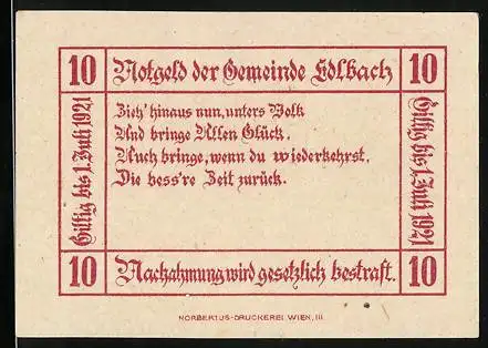 Notgeld Edlbach 1921, 10 Heller, Wappen, Gedicht