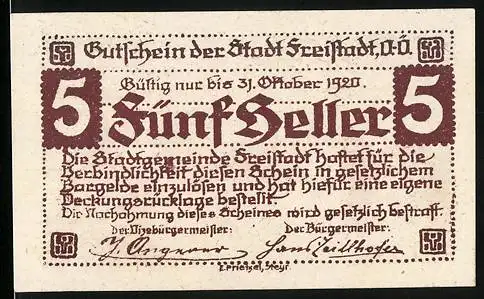 Notgeld Freistadt O. Ö. 1920, 5 Heller, Wappen, Tor und Kirche