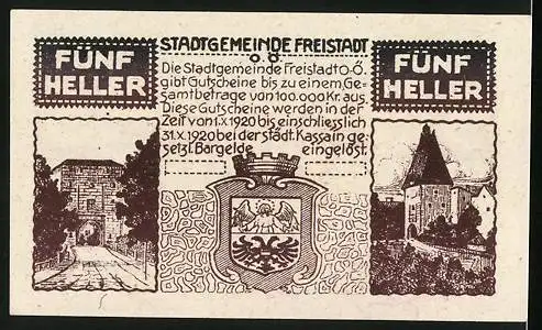 Notgeld Freistadt O. Ö. 1920, 5 Heller, Wappen, Tor und Kirche