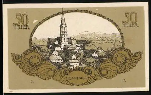 Notgeld Bad Hall Ob. Ö. 1920, 50 Heller, Kirche und Wappen, Ortsansicht