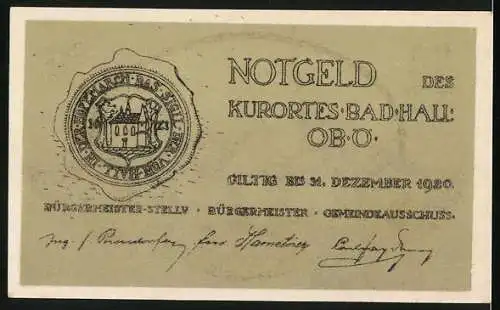 Notgeld Bad Hall Ob. Ö. 1920, 50 Heller, Kirche und Wappen, Ortsansicht