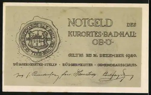 Notgeld Bad Hall Ob. Ö.1920, 20 Heller, Rathaus und Wappen