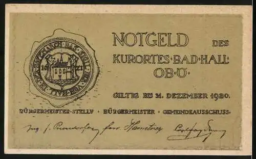 Notgeld Bad Hall Ob. Ö. 1920, 10 Heller, Tassiloquelle und Wappen