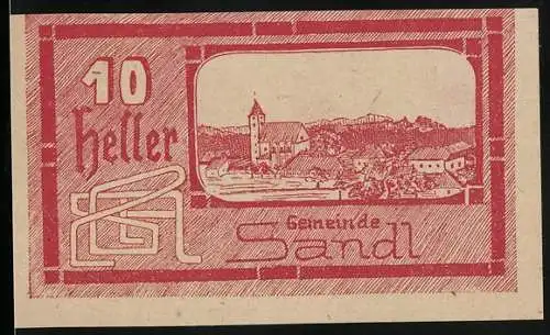 Notgeld Sandl 1920, 10 Heller, Ortsansicht mit Kirche