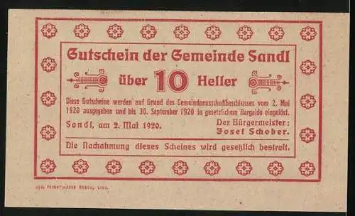 Notgeld Sandl 1920, 10 Heller, Ortsansicht mit Kirche