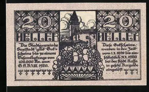 Notgeld Freistadt O. Ö. 1920, 20 Heller, Ortsansicht mit Kirche