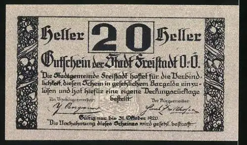 Notgeld Freistadt O. Ö. 1920, 20 Heller, Ortsansicht mit Kirche