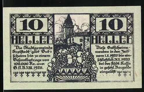Notgeld Freistadt O. Ö. 1920, 10 Heller, Ortsansicht mit Kirche