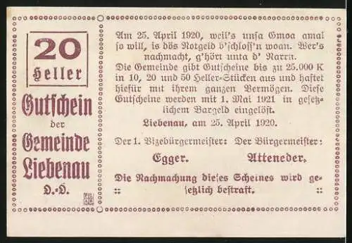 Notgeld Liebenau O. Ö. 1920, 20 Heller, Ortsansicht Panorama