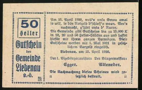 Notgeld Liebenau O. Ö. 1920, 50 Heller, Ortsansicht Panorama