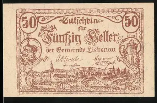 Notgeld Liebenau O. Ö. 1920, 50 Heller, Panorama des Ortes