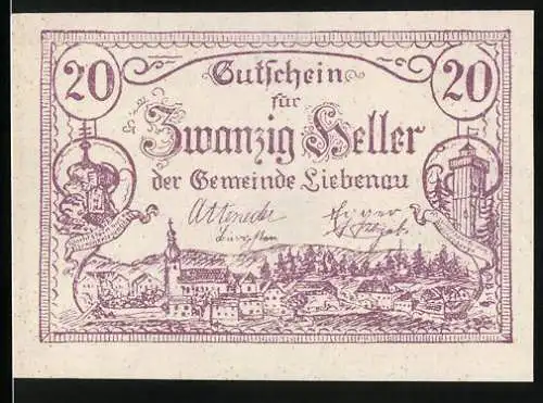 Notgeld Liebenau O. Ö. 1920, 20 Heller, Ortsansicht im Panorama