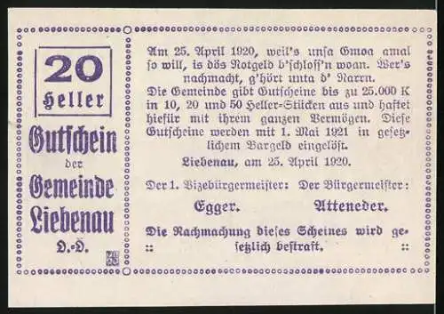 Notgeld Liebenau O. Ö. 1920, 20 Heller, Ortsansicht im Panorama