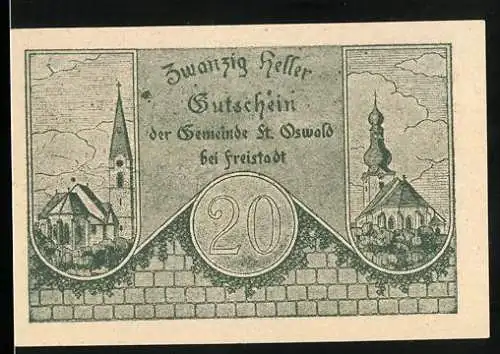 Notgeld St. Oswald bei Freistadt 1920, 20 Heller, Kirchen und Stadtwappen